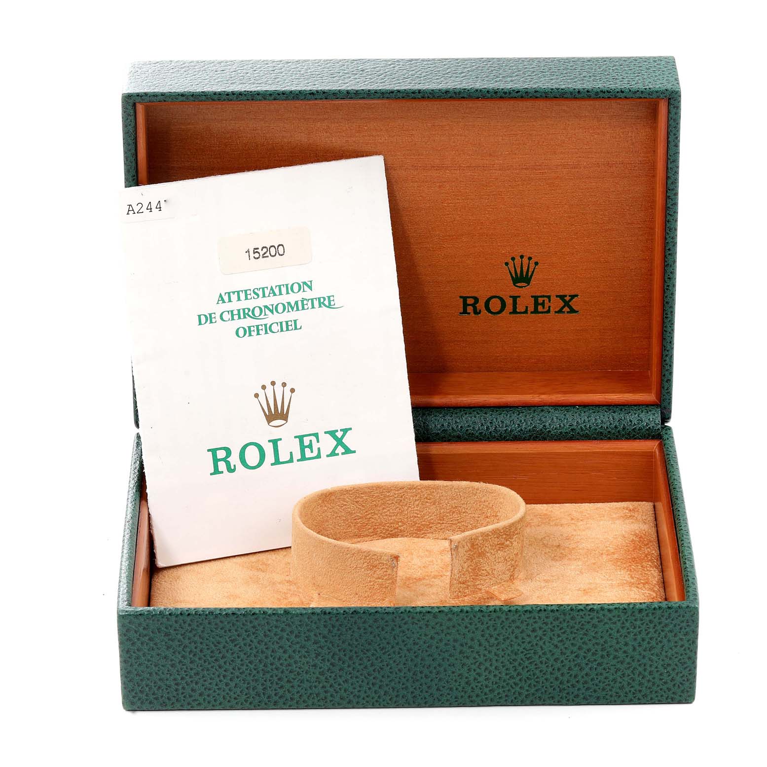 The image shows the open box, cushion, and official booklet for a Rolex Date 15200 Men's Stainless Steel Pink Dial 15200 Men's Stainless Steel Pink Dial model watch.