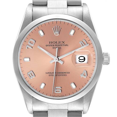 This image shows a front view of the dial and bracelet of a Rolex Date 15200 Men's Stainless Steel Pink Dial 15200 Men's Stainless Steel Pink Dial watch.