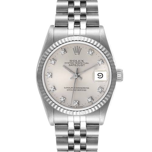 The image shows a frontal view of a Rolex Oyster Perpetual Datejust Mid-Size watch, highlighting its dial, bezel, and bracelet.