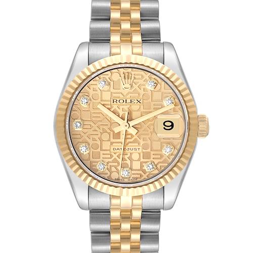 The image shows a frontal view of a Rolex Mid-Size 178273 Women's Steel and Gold (two tone) Champagne Dial 178273 Women's Steel and Gold (two tone) Champagne Dial Datejust watch with a gold dial, fluted bezel, and two-tone bracelet.