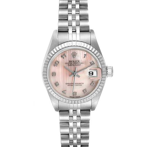 The Rolex Datejust 79174 Women's Stainless Steel Mother of Pearl Dial 79174 Women's Stainless Steel Mother of Pearl Dial watch is shown from a top-down angle, displaying the dial, case, crown, and bracelet.