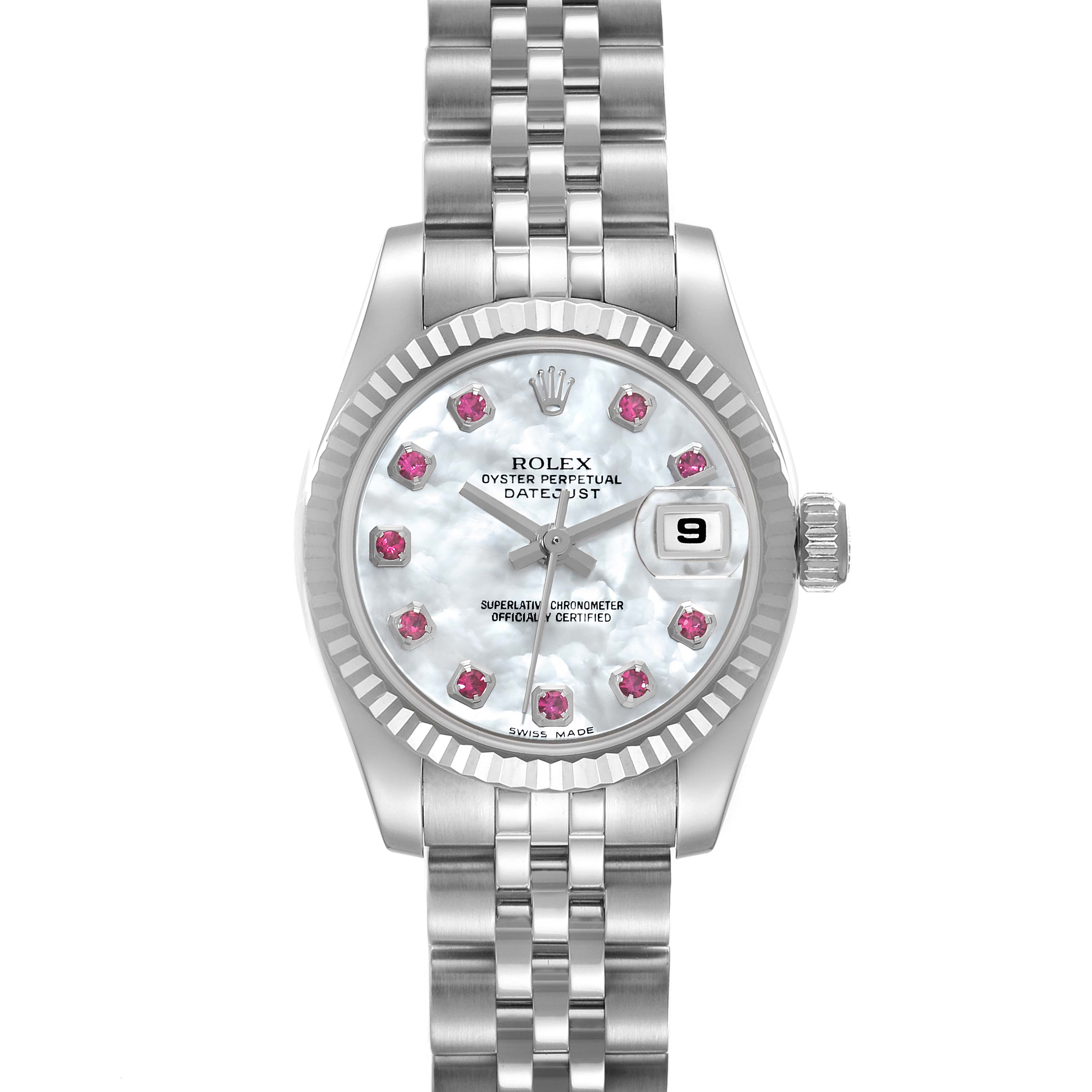 This Rolex Datejust 179174 Women's Stainless Steel Mother of Pearl Dial 179174 Women's Stainless Steel Mother of Pearl Dial watch is shown from a straight-on angle, displaying its face, bezel, and bracelet.