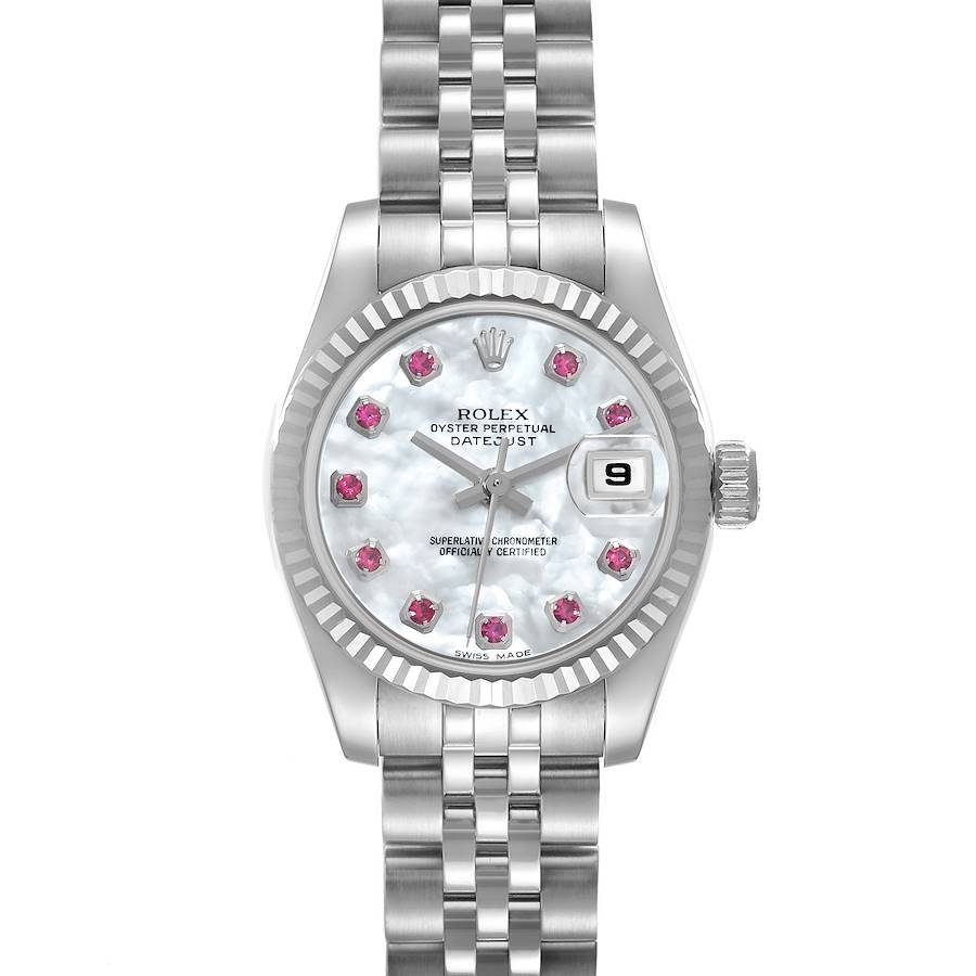 This Rolex Datejust 179174 Women's Stainless Steel Mother of Pearl Dial 179174 Women's Stainless Steel Mother of Pearl Dial watch is shown from a straight-on angle, displaying its face, bezel, and bracelet.