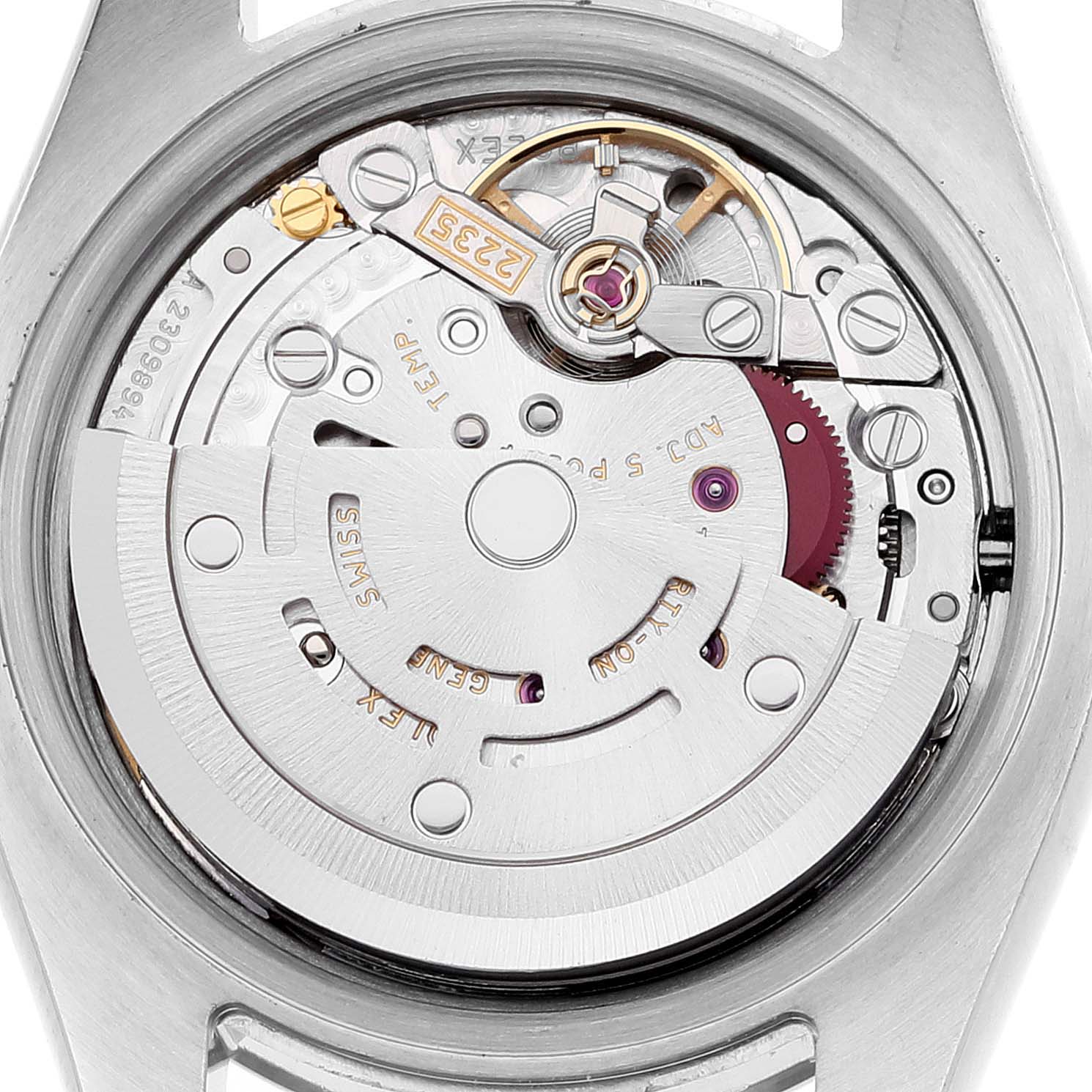 This image shows the movement mechanism of a Rolex Datejust 179174 Women's Stainless Steel Mother of Pearl Dial 179174 Women's Stainless Steel Mother of Pearl Dial watch from a rear view angle.