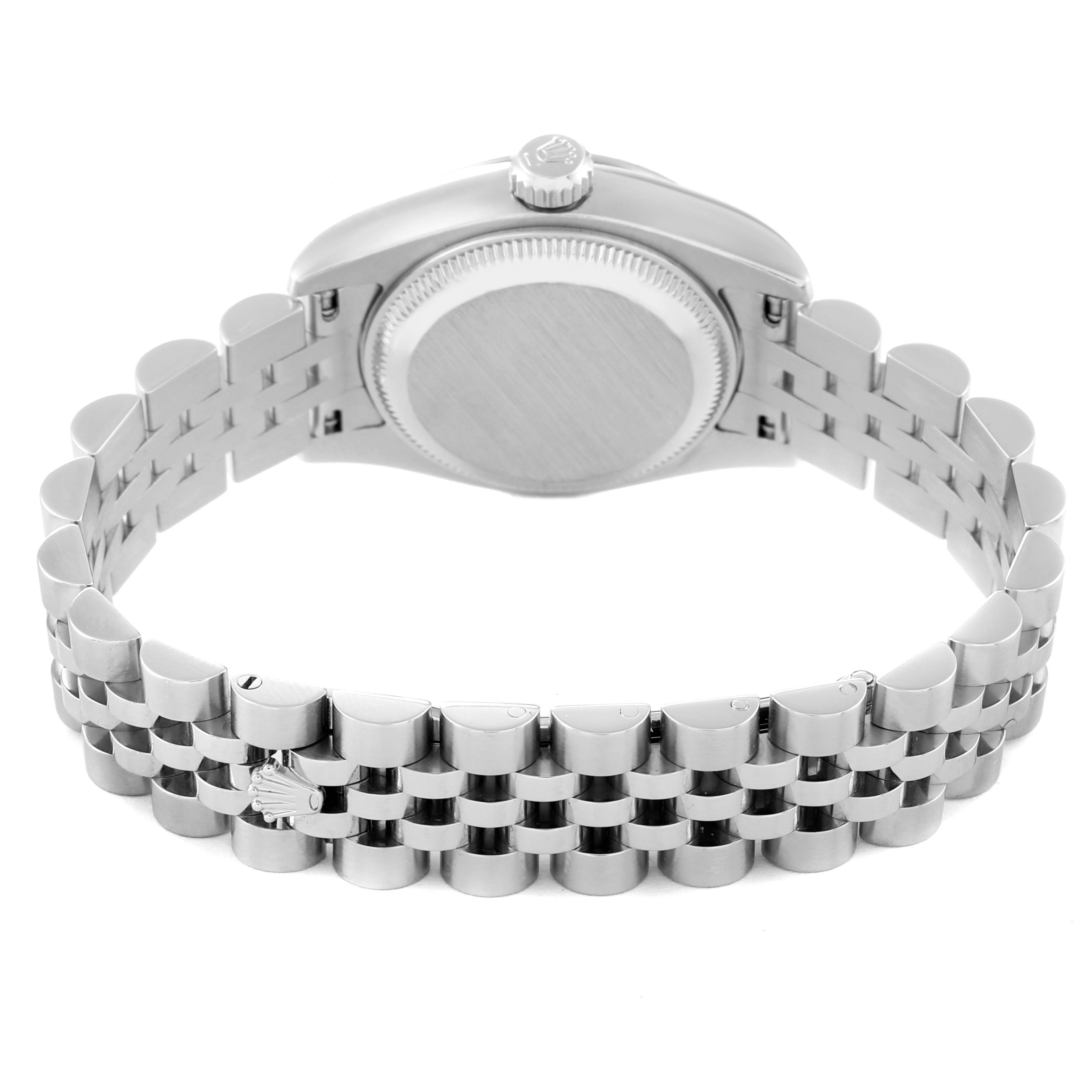 The image shows the back case and Jubilee bracelet of a Rolex Datejust 179174 Women's Stainless Steel Mother of Pearl Dial 179174 Women's Stainless Steel Mother of Pearl Dial watch from a rear angle.
