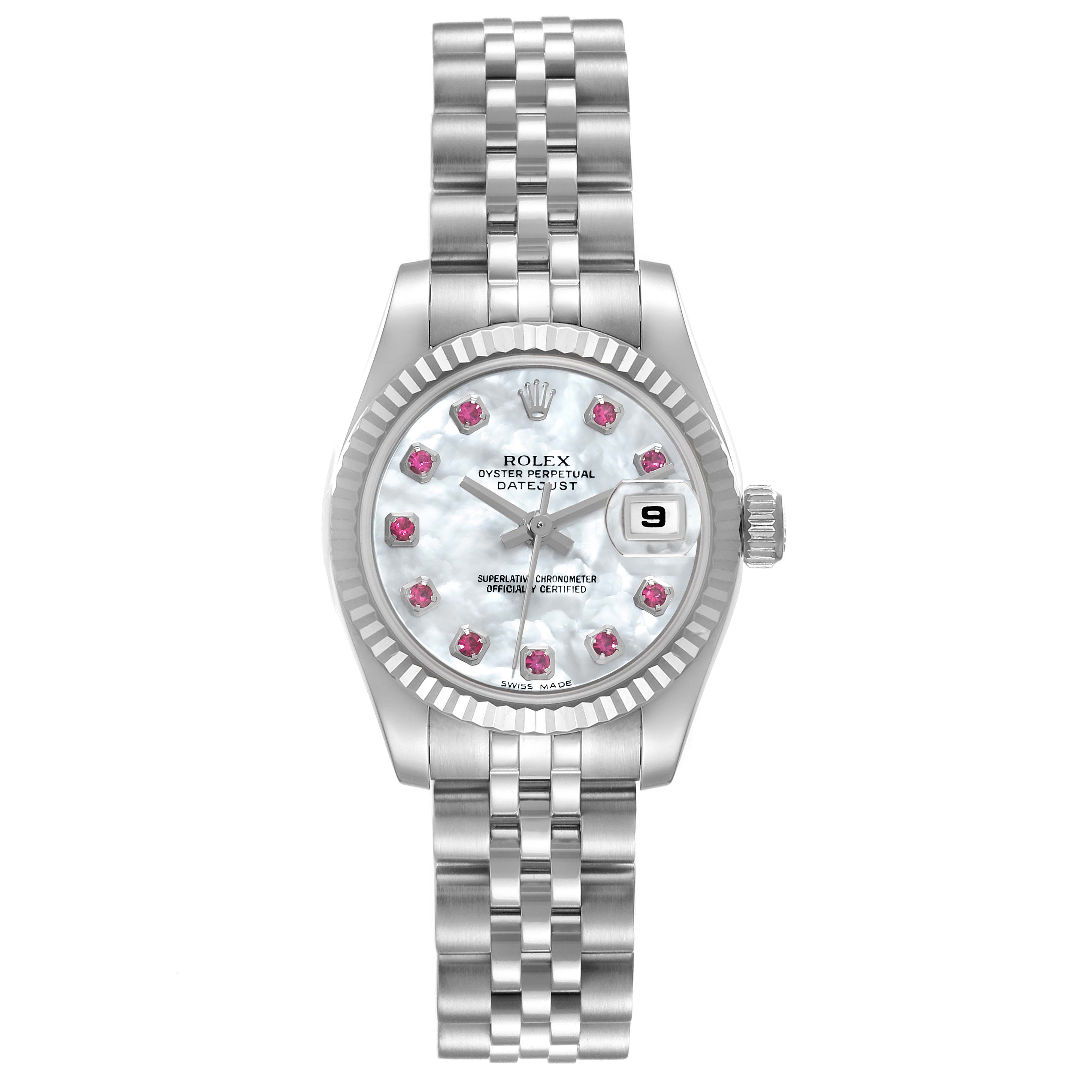 The image shows a frontal view of a Rolex Datejust 179174 Women's Stainless Steel Mother of Pearl Dial 179174 Women's Stainless Steel Mother of Pearl Dial watch, displaying its face, bezel, and bracelet.