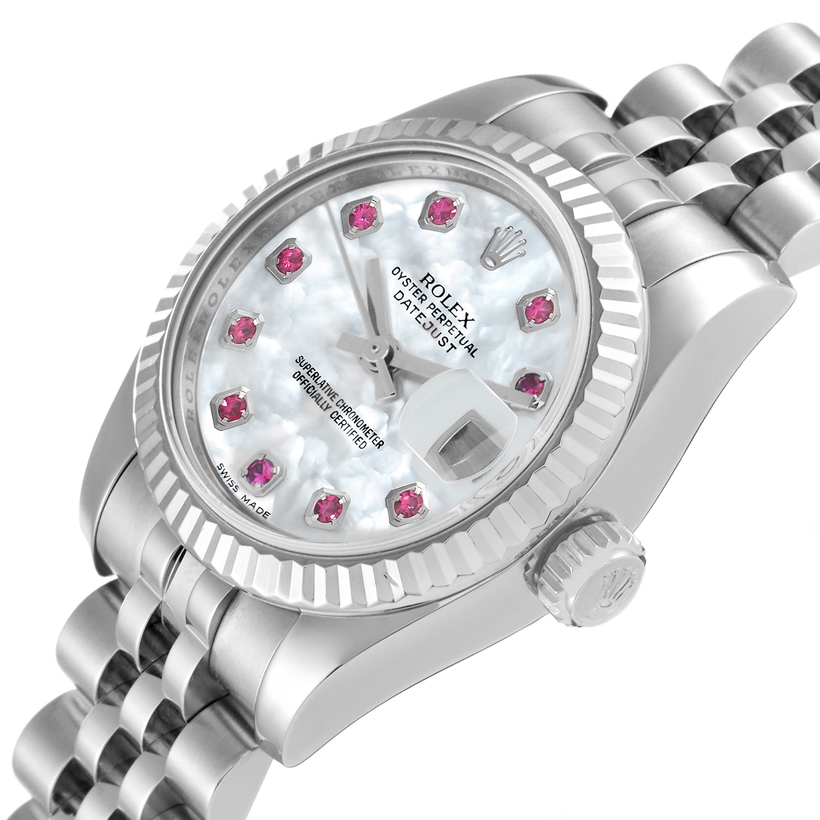 The image shows a semi-side view of a Rolex Datejust 179174 Women's Stainless Steel Mother of Pearl Dial 179174 Women's Stainless Steel Mother of Pearl Dial watch, featuring its dial, bezel, crown, and part of the bracelet.
