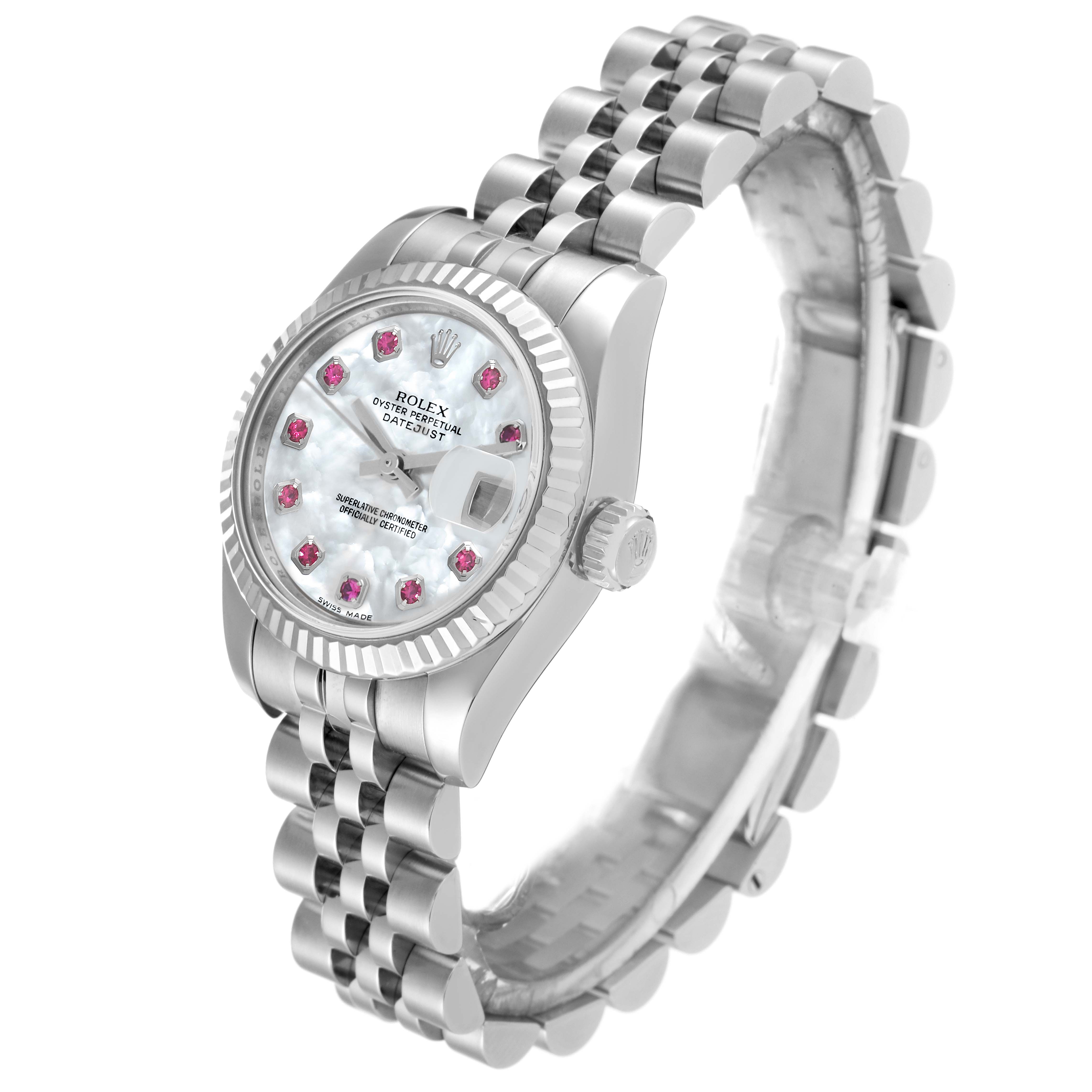 The Rolex Datejust 179174 Women's Stainless Steel Mother of Pearl Dial 179174 Women's Stainless Steel Mother of Pearl Dial model watch is shown at a tilted angle, highlighting the face, bezel, crown, and bracelet.