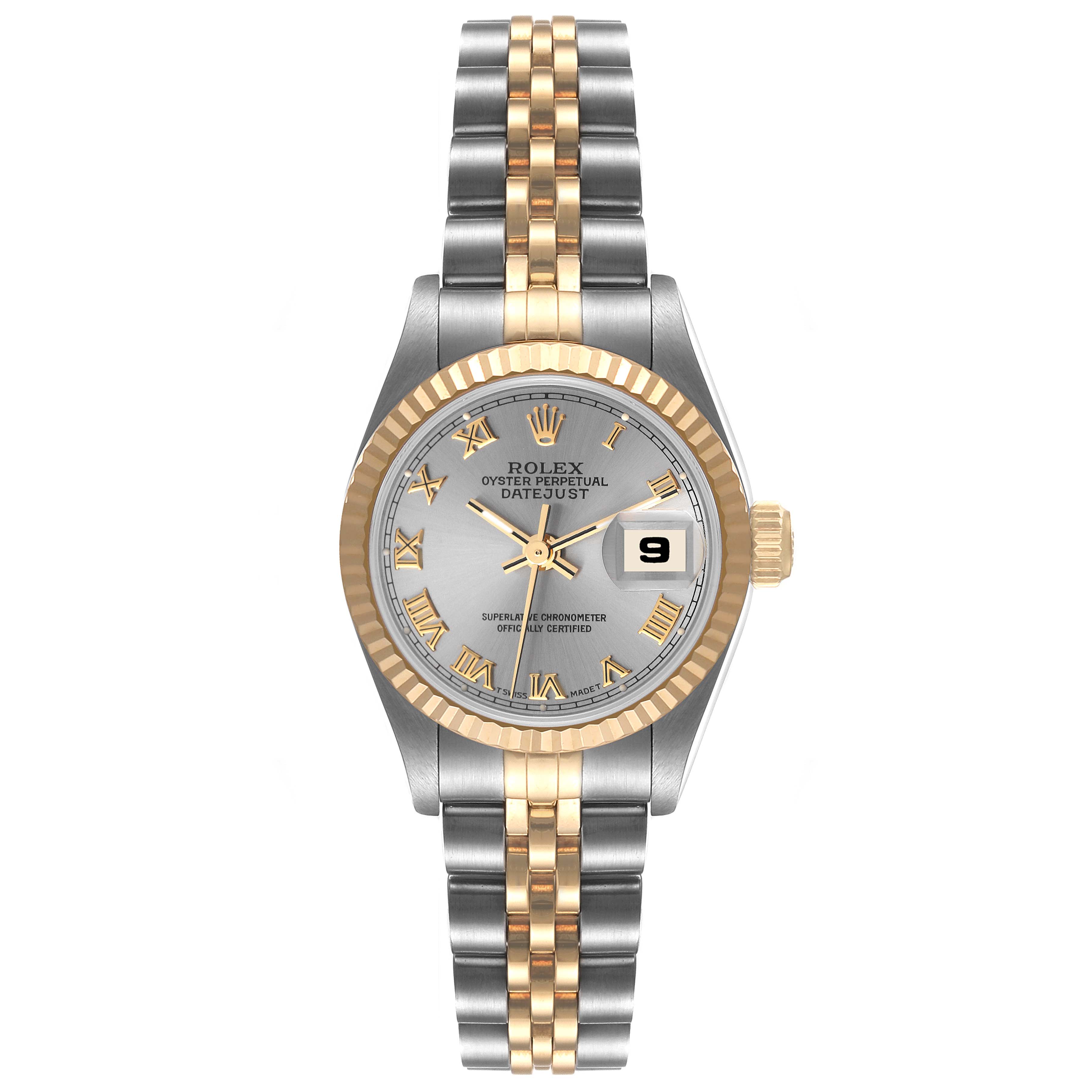 The Rolex Datejust 69173 Women's Steel and Gold (two tone) Grey Dial 69173 Women's Steel and Gold (two tone) Grey Dial watch is shown from a frontal angle, displaying the dial, bezel, case, and bracelet.