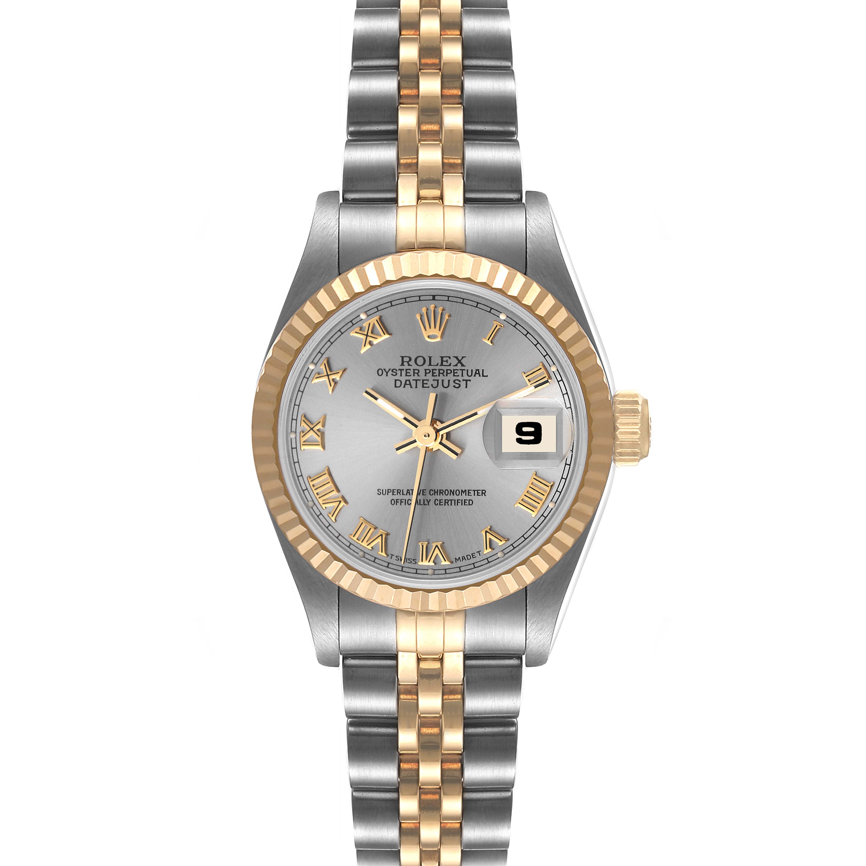 This image shows a front view of a Rolex Datejust 69173 Women's Steel and Gold (two tone) Grey Dial 69173 Women's Steel and Gold (two tone) Grey Dial watch, focusing on the dial, bezel, and bracelet.