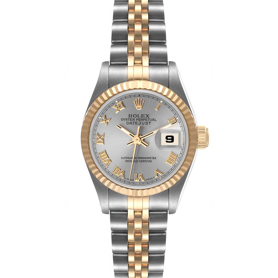This image shows a front view of a Rolex Datejust 69173 Women's Steel and Gold (two tone) Grey Dial 69173 Women's Steel and Gold (two tone) Grey Dial watch, focusing on the dial, bezel, and bracelet.