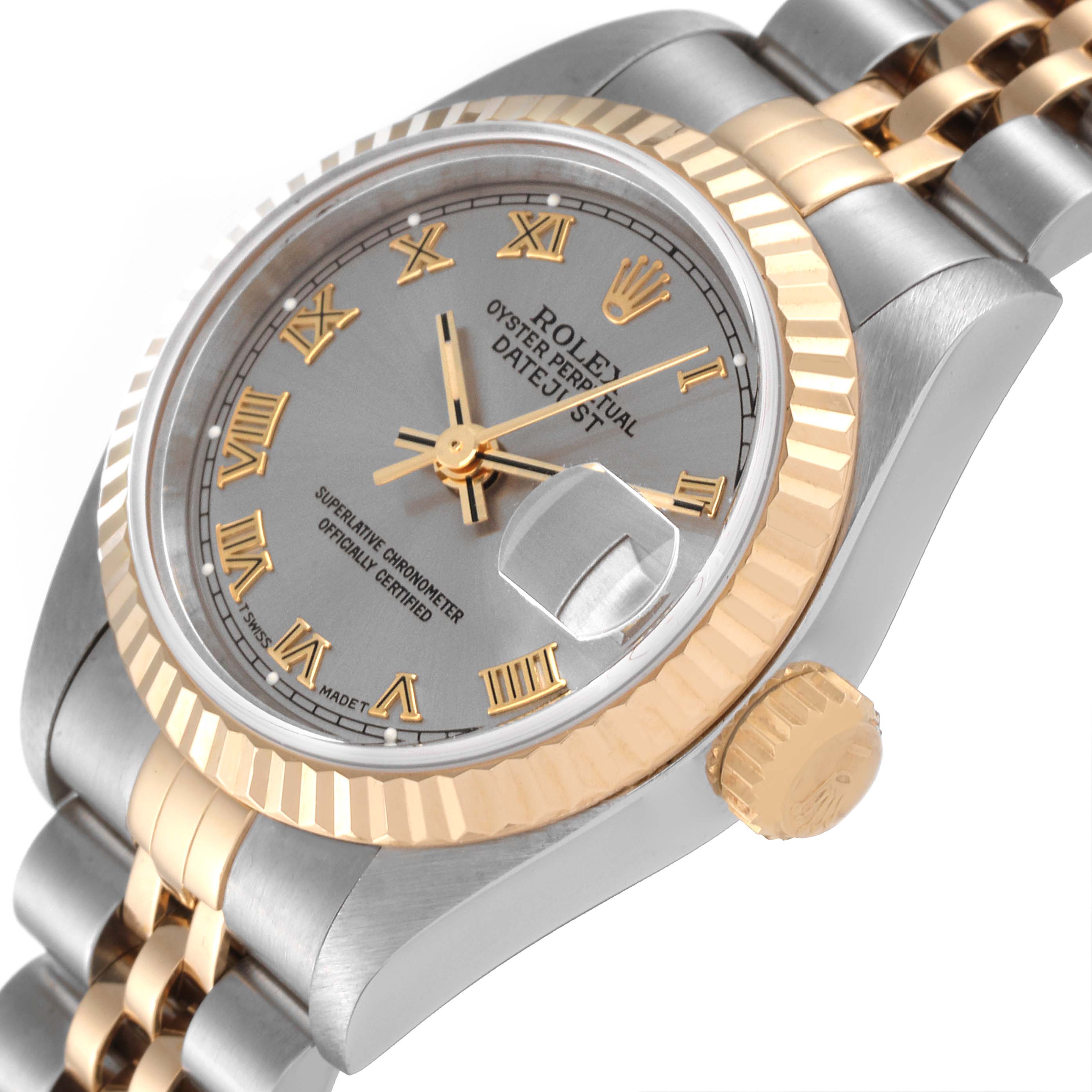 The image shows a Rolex Datejust 69173 Women's Steel and Gold (two tone) Grey Dial 69173 Women's Steel and Gold (two tone) Grey Dial watch at a slight angle, highlighting the face, bezel, crown, and band links.