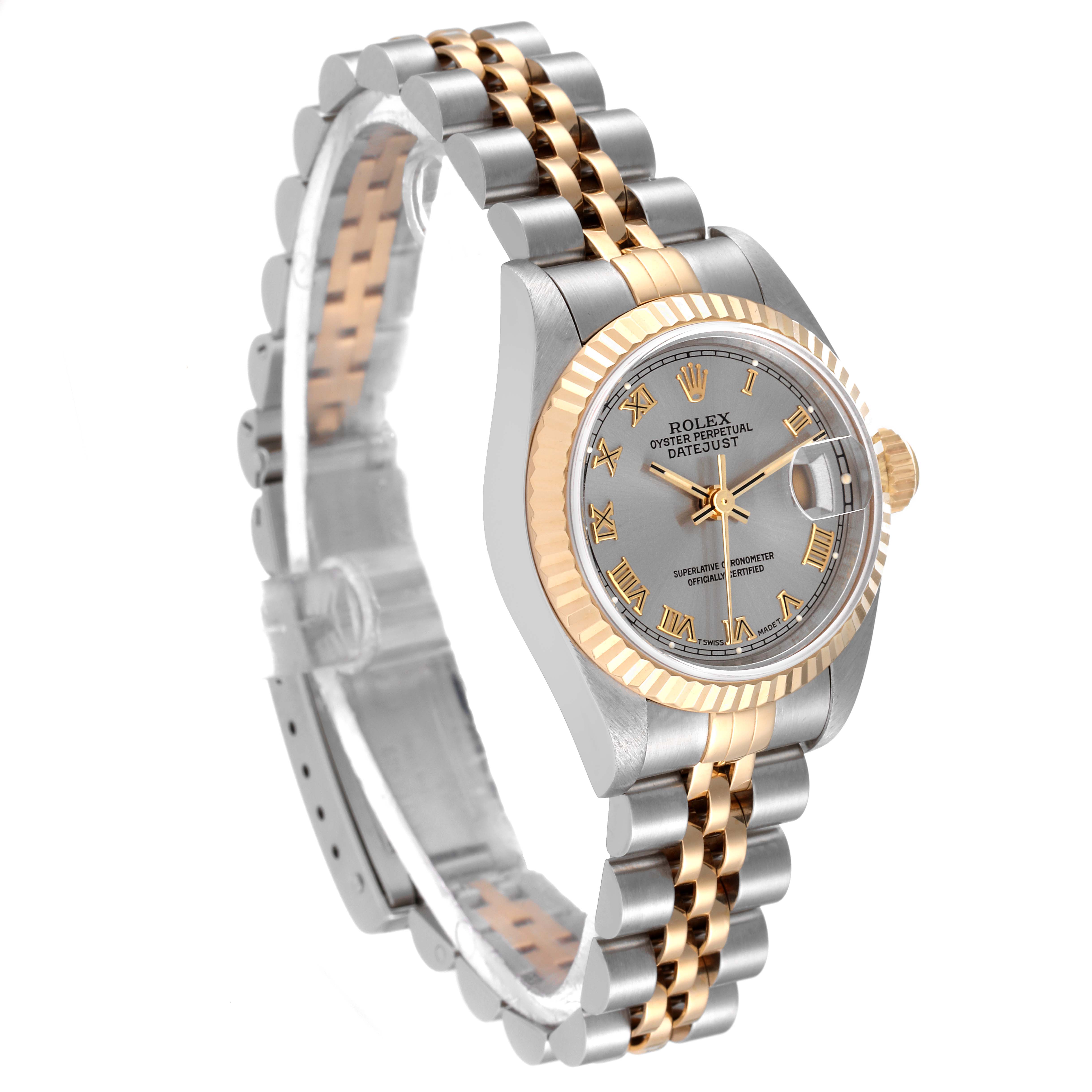 The image shows a Rolex Datejust 69173 Women's Steel and Gold (two tone) Grey Dial 69173 Women's Steel and Gold (two tone) Grey Dial watch at an oblique angle, highlighting the two-tone bracelet, fluted bezel, and dial with Roman numerals.