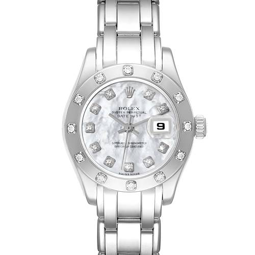 The image shows a frontal view of a Rolex Pearlmaster 80319 Women's White Gold Mother of Pearl Dial 80319 Women's White Gold Mother of Pearl Dial watch displaying its face, bezel, and bracelet.