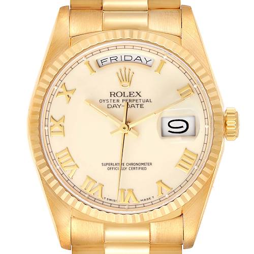 This image shows a frontal view of a Rolex President 18238 Men's Yellow Gold Beige Dial 18238 Men's Yellow Gold Beige Dial model watch, displaying the dial, day, date, crown, and bracelet.