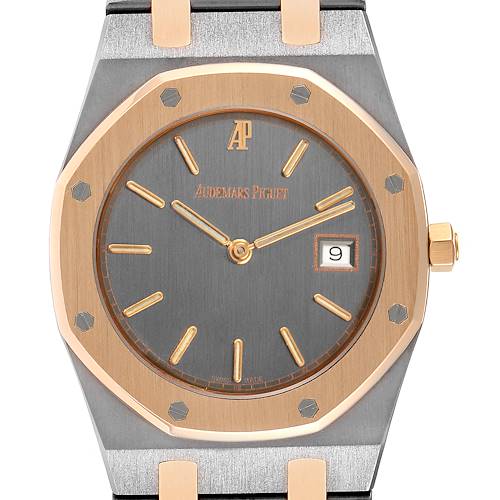 This is a close-up of the Audemars Piguet Royal Oak 56175TR-OO-0789TR-01 Men's Steel and Gold (two tone) Black Dial 56175TR-OO-0789TR-01 Men's Steel and Gold (two tone) Black Dial watch face, showcasing its octagonal bezel, hands, date display, and brand logo.