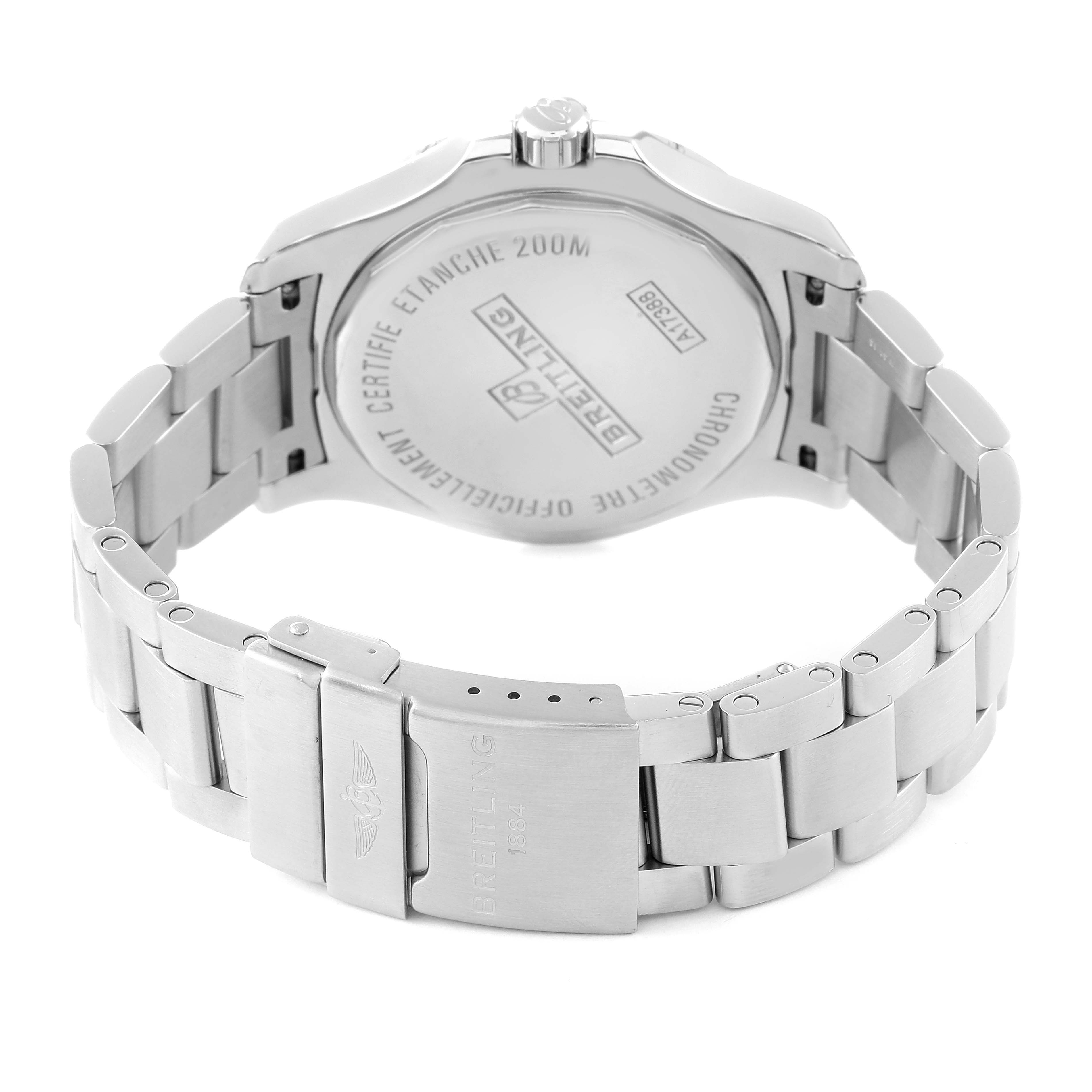 The image shows the rear view of a Breitling Colt A17388 Men's Stainless Steel White Dial A17388 Men's Stainless Steel White Dial watch, displaying its case back and stainless steel bracelet with the clasp open.