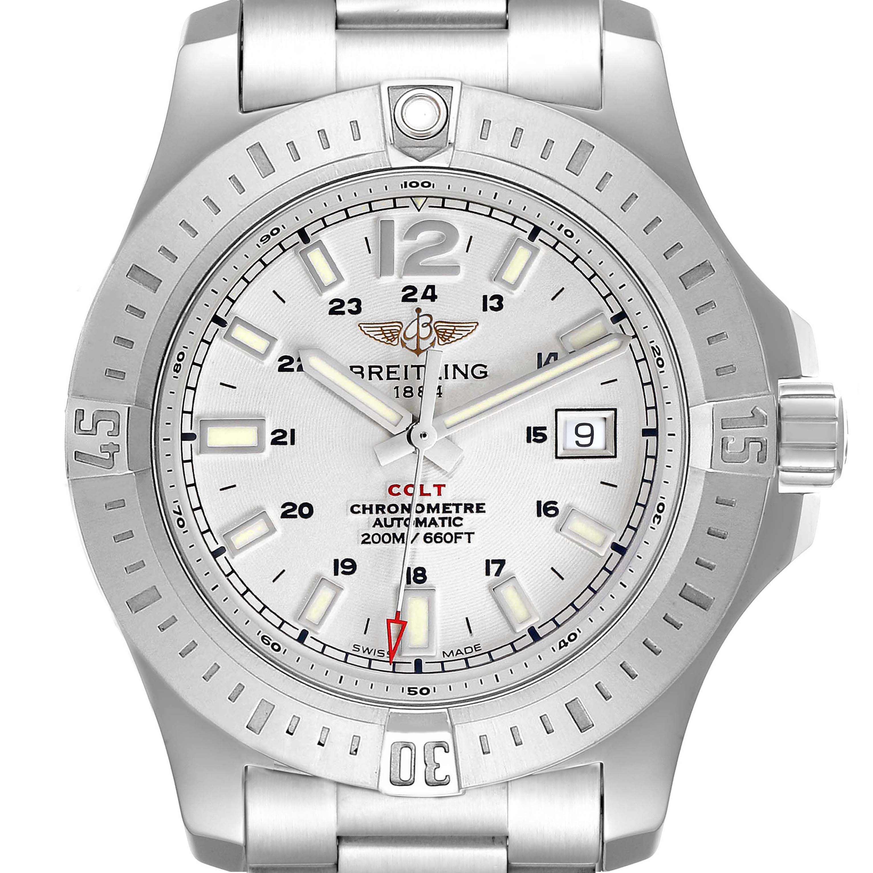 The image shows a front view of the Breitling Colt A17388 Men's Stainless Steel White Dial A17388 Men's Stainless Steel White Dial watch, highlighting the face, bezel, and part of the bracelet.