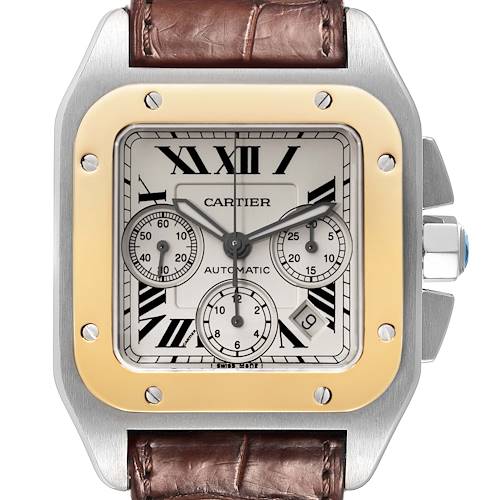 The Cartier Santos W20091X7 Men's Steel and Gold (two tone) Silver Dial W20091X7 Men's Steel and Gold (two tone) Silver Dial watch is shown from the front, highlighting its square dial, Roman numerals, subdials, and leather strap.