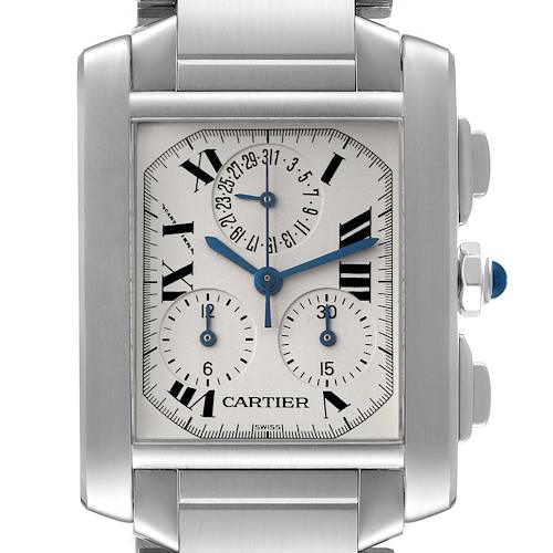 The image shows a frontal close-up of the dial and case of a Cartier Tank Francaise W51001Q3 Men's Stainless Steel Silver Dial W51001Q3 Men's Stainless Steel Silver Dial watch.