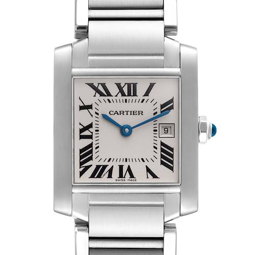 A close-up of the Cartier Tank Francaise W51011Q3 Women's Stainless Steel Silver Dial W51011Q3 Women's Stainless Steel Silver Dial watch showing its dial, bracelet, and case at a straight-on angle.
