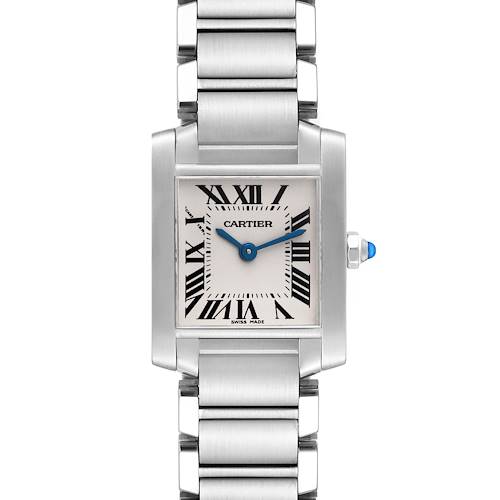 The image shows a front view of a Cartier Tank Francaise W51008Q3 Women's Stainless Steel Silver Dial W51008Q3 Women's Stainless Steel Silver Dial watch, highlighting its face and bracelet.