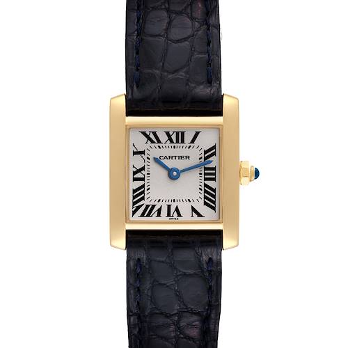 The Tank Francaise by Cartier is shown from a top-down angle, highlighting its square dial, Roman numerals, and blue strap.