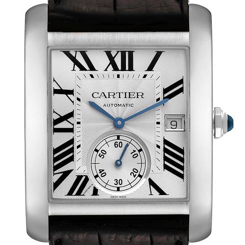 The Cartier Tank MC W5330003 Men's Stainless Steel Silver Dial W5330003 Men's Stainless Steel Silver Dial watch is shown in a close-up front view, highlighting the dial, blue hands, Roman numerals, and date window.