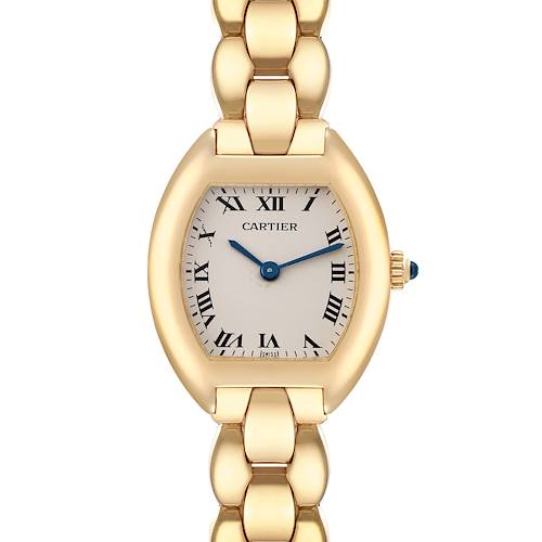 The image shows a front view of a Cartier Tortue 1945 Women's Yellow Gold Silver Dial 1945 Women's Yellow Gold Silver Dial watch, highlighting its dial, bracelet, and crown.