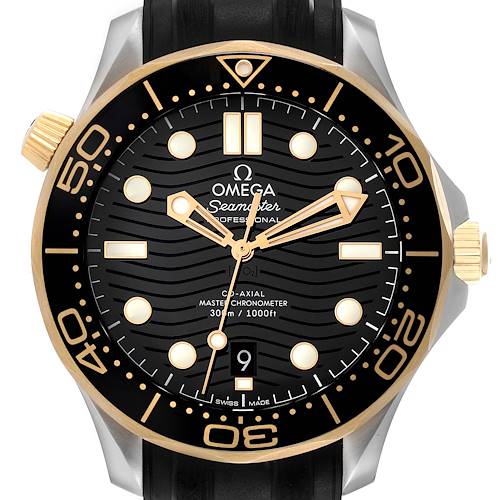 The image shows the front view of an Omega Seamaster 210.22.42.20.01.001 Men's Steel and Gold (two tone) Black Dial 210.22.42.20.01.001 Men's Steel and Gold (two tone) Black Dial watch, featuring its black dial, gold accents, and bezel markings.