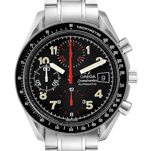 The image shows a frontal view of an Omega Speedmaster 3513.53.00 Men's Stainless Steel Black Dial 3513.53.00 Men's Stainless Steel Black Dial watch, highlighting its dial, chronograph subdials, bezel, and bracelet.