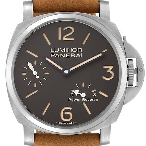 This is a front view of a Panerai Luminor PAM00797 Men's Titanium Brown Dial PAM00797 Men's Titanium Brown Dial watch, showing the dial, hands, and crown guard.