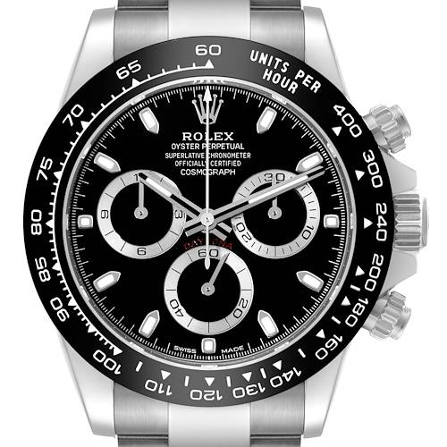 This image shows a front view of a Rolex Daytona 116500 Men's Stainless Steel Black Dial 116500 Men's Stainless Steel Black Dial watch displaying its black dial, chronograph sub-dials, and tachymeter bezel.