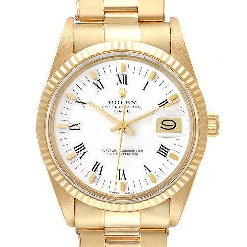 The image shows a front view of the Rolex Vintage Collection 15038 Men's Yellow Gold White Dial 15038 Men's Yellow Gold White Dial watch, highlighting the dial, Roman numeral markers, and date display.