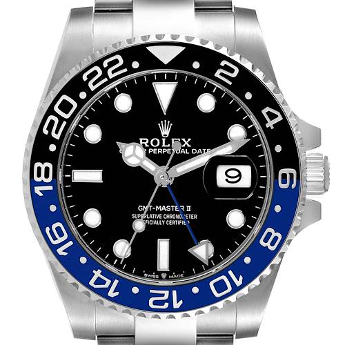 The Rolex GMT-Master 126710 Men's Stainless Steel Black Dial 126710 Men's Stainless Steel Black Dial watch is shown from a front angle displaying the bezel, dial, hands, date window, and part of the bracelet.