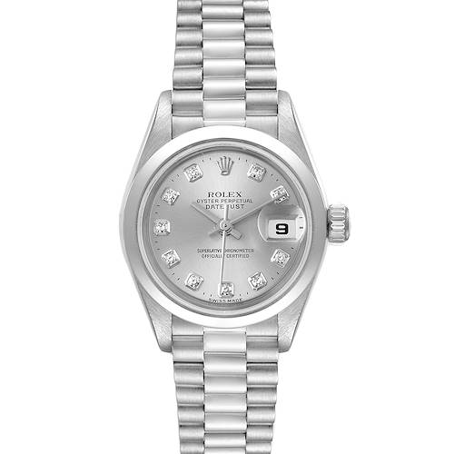 The image shows a front view of the Rolex President 79166 Women's Platinum Silver Dial 79166 Women's Platinum Silver Dial model watch, displaying the face, bracelet, and date window.