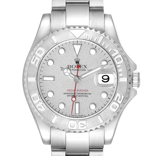 This image shows a front view of the Rolex Yacht-Master 168622 Men's Stainless Steel Silver Dial 168622 Men's Stainless Steel Silver Dial watch, displaying its bezel, dial, hands, and bracelet.