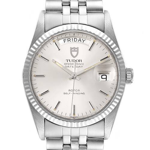The image shows a front view of the Tudor Prince 94614 Men's Stainless Steel Silver Dial 94614 Men's Stainless Steel Silver Dial model watch, highlighting its dial, bezel, and part of the bracelet.