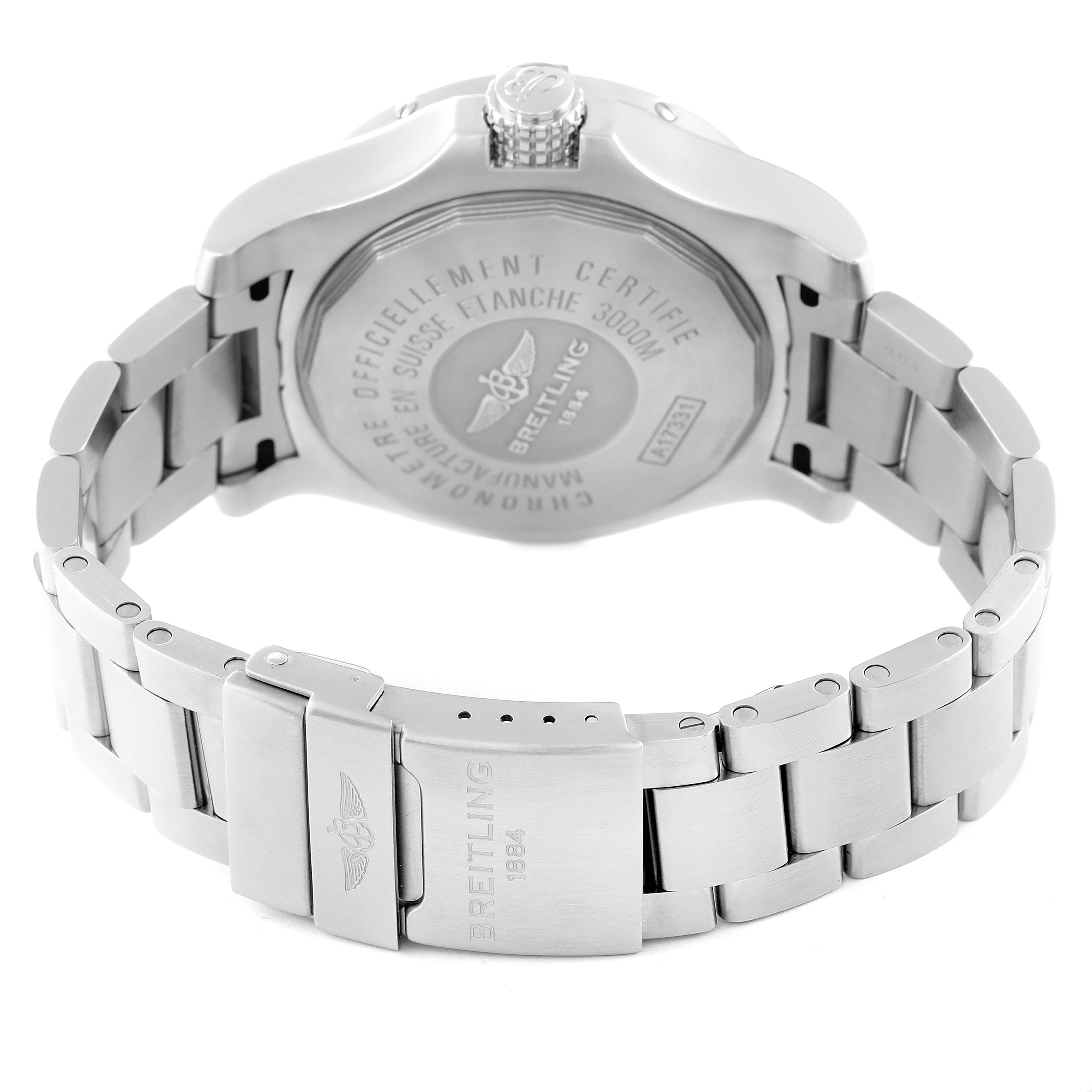 The image shows the back view of the Breitling Avenger A17331 Men's Stainless Steel Yellow Dial A17331 Men's Stainless Steel Yellow Dial watch, highlighting its case back and stainless steel bracelet.