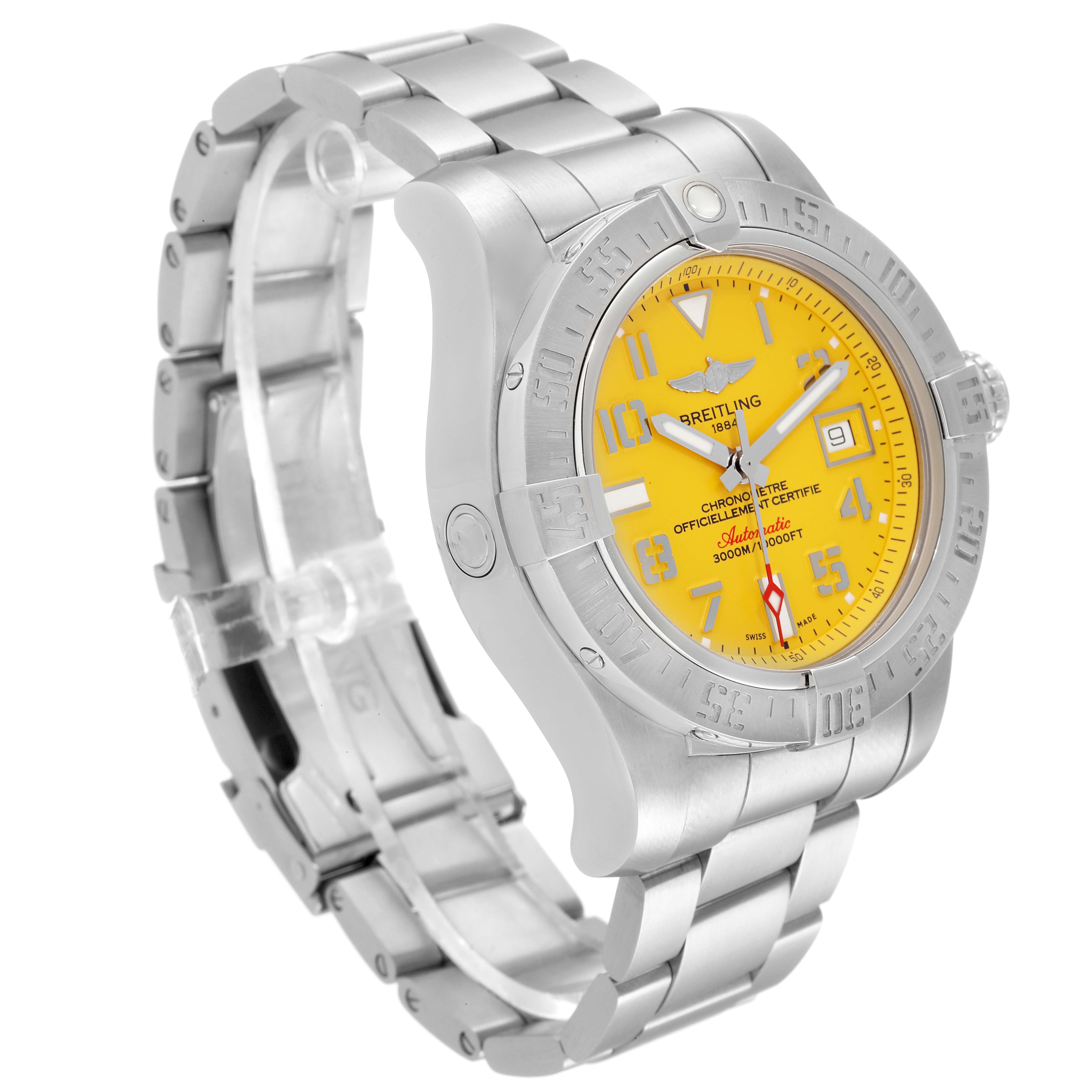 This image shows a side-angle view of the Breitling Avenger A17331 Men's Stainless Steel Yellow Dial A17331 Men's Stainless Steel Yellow Dial watch, displaying its yellow dial, bezel, and metal bracelet.