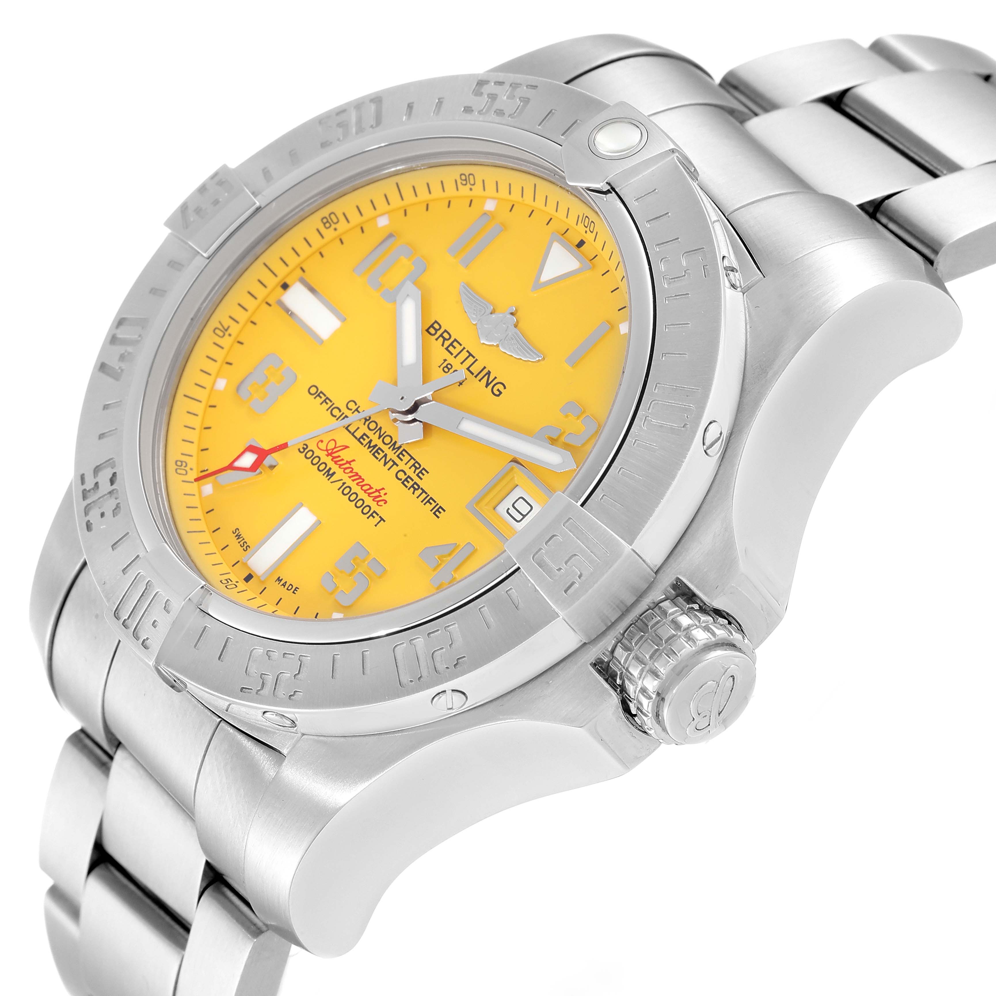 The Breitling Avenger A17331 Men's Stainless Steel Yellow Dial A17331 Men's Stainless Steel Yellow Dial watch is shown at a slight angle, highlighting its yellow dial, bezel, crown, and stainless steel bracelet.