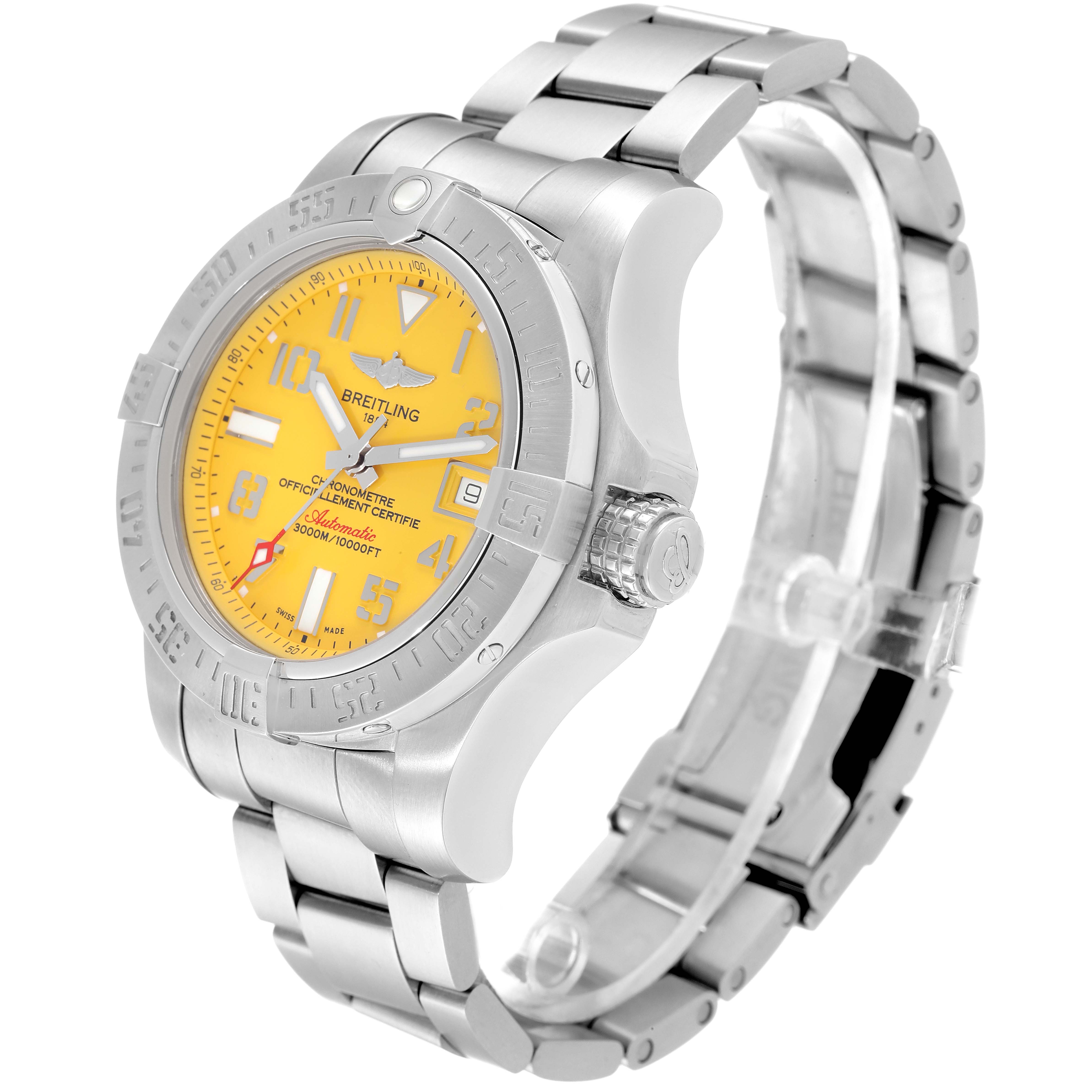 The image shows a Breitling Avenger A17331 Men's Stainless Steel Yellow Dial A17331 Men's Stainless Steel Yellow Dial watch at a three-quarter angle highlighting its bracelet, bezel, crown, and yellow dial.