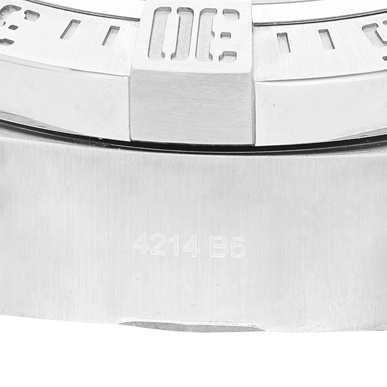 The image shows a close-up of the bezel and part of the stainless steel case of a Breitling Avenger A17331 Men's Stainless Steel Yellow Dial A17331 Men's Stainless Steel Yellow Dial watch.