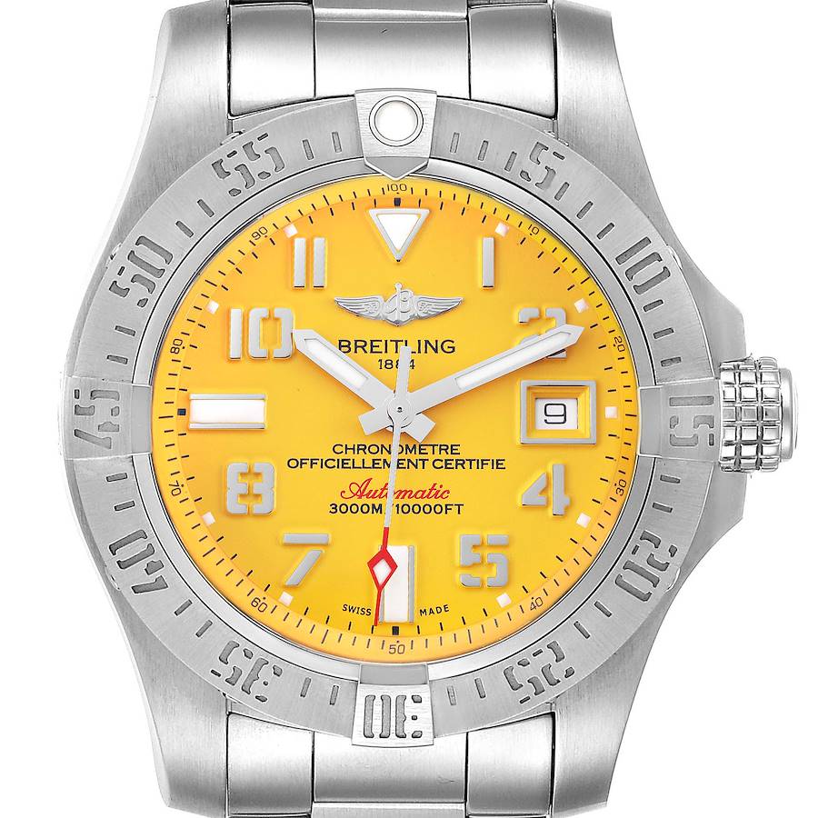The Breitling Avenger A17331 Men's Stainless Steel Yellow Dial A17331 Men's Stainless Steel Yellow Dial watch is shown from a front angle featuring the dial, case, bezel, crown, and bracelet.