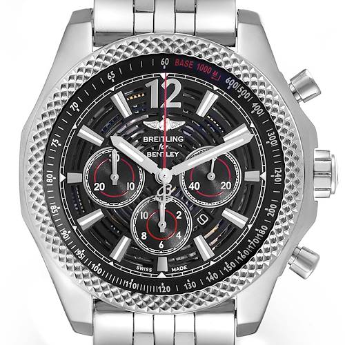 The image shows a front view of the Breitling Bentley A41390 Men's Stainless Steel Black Dial watch, highlighting its intricate dial and bezel details.