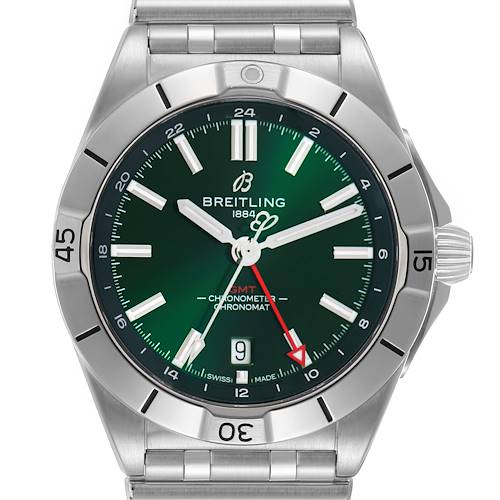 The image shows a front view of the Breitling Chronomat A32398 Men's Stainless Steel Green Dial watch, highlighting the green dial, bezel, crown, and part of the bracelet.