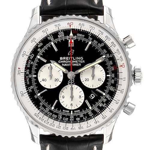 The Breitling Navitimer AB0127211C1A1 Men's Stainless Steel Black Dial AB0127211C1A1 Men's Stainless Steel Black Dial watch is shown from the front, displaying its dial, bezel, and chronograph subdials.