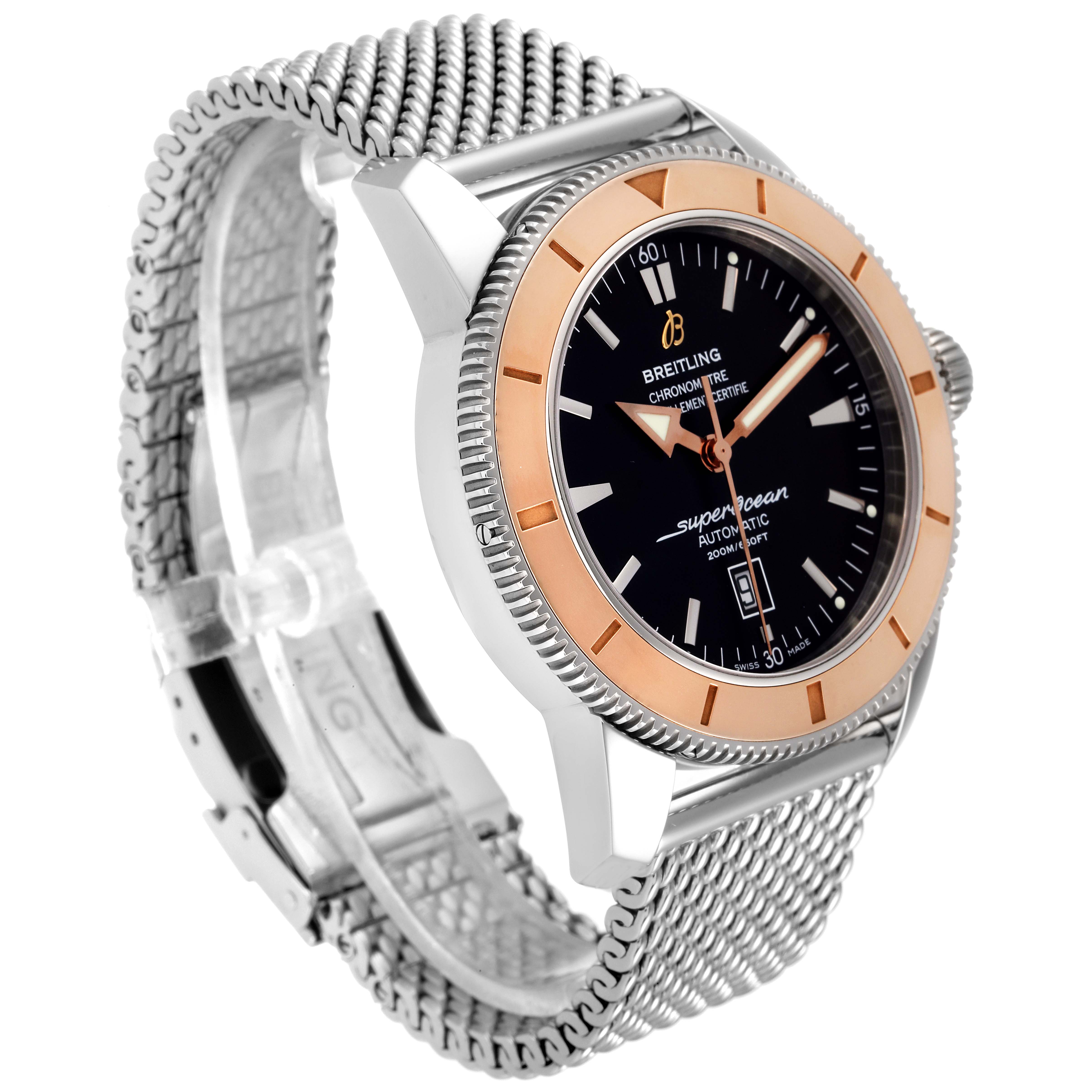 The image shows a Breitling Superocean U17320 Men's Stainless Steel Black Dial U17320 Men's Stainless Steel Black Dial watch at an angled side view, highlighting its face, bezel, and metal mesh strap.