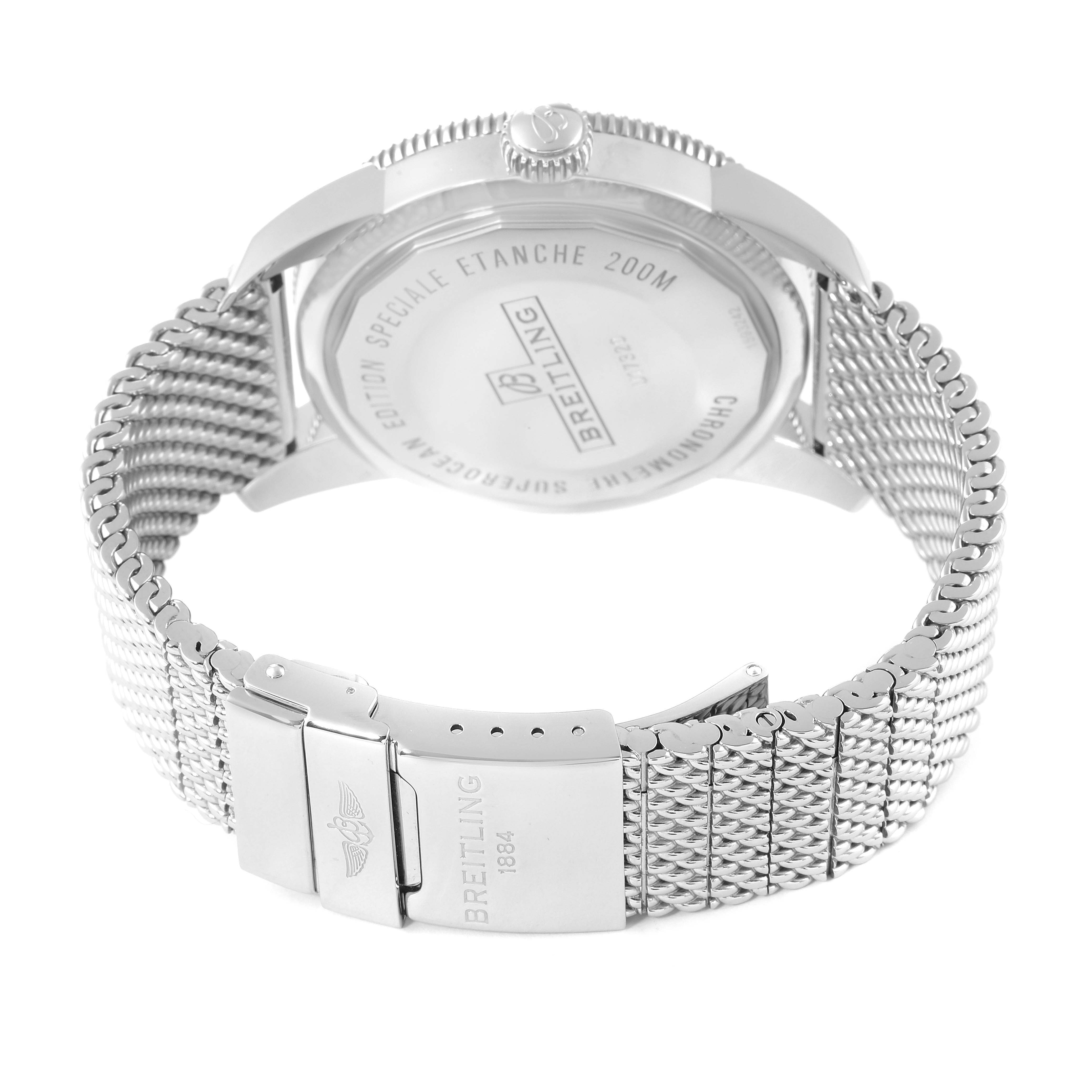 The image shows the back case and metal bracelet of a Breitling Superocean U17320 Men's Stainless Steel Black Dial U17320 Men's Stainless Steel Black Dial watch at a slight angle.