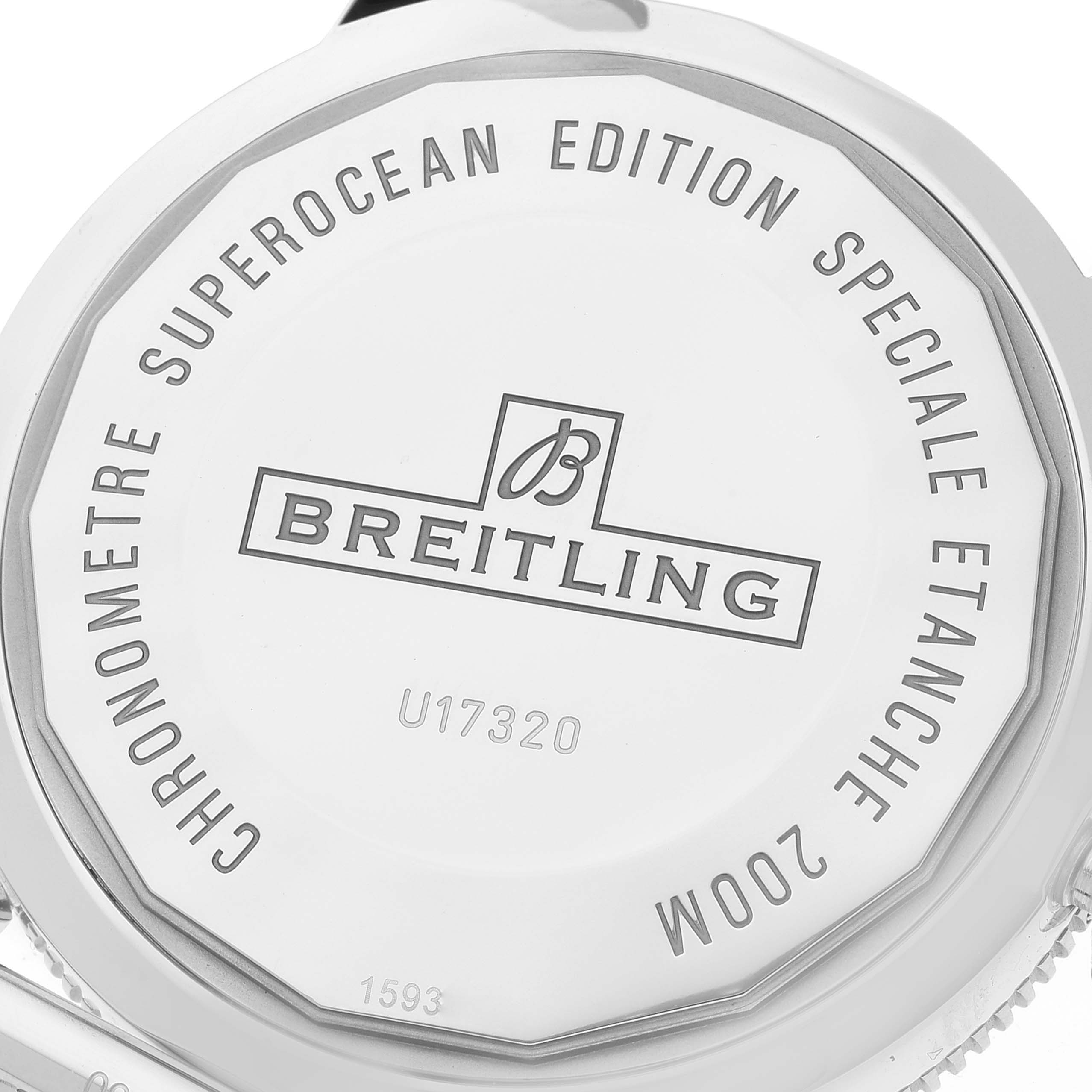 This image shows the back case of the Breitling Superocean U17320 Men's Stainless Steel Black Dial U17320 Men's Stainless Steel Black Dial watch, displaying its model details and water resistance.